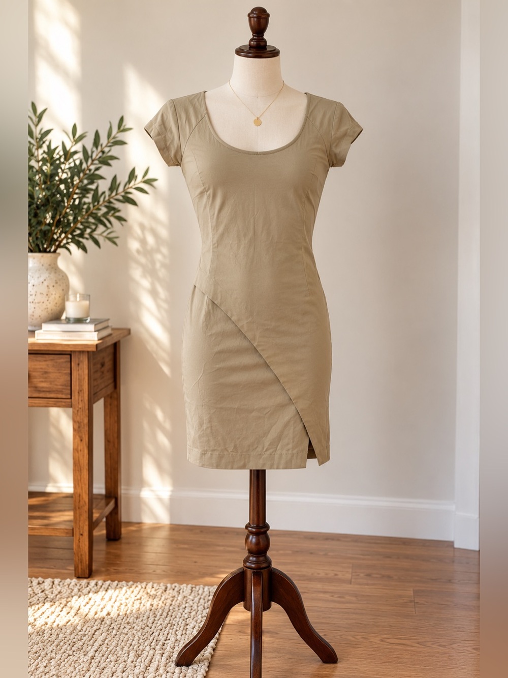 Emporio Armani Beige Asymmetrical Bodycon Sheath Dress IT 40 Quiet Luxury
